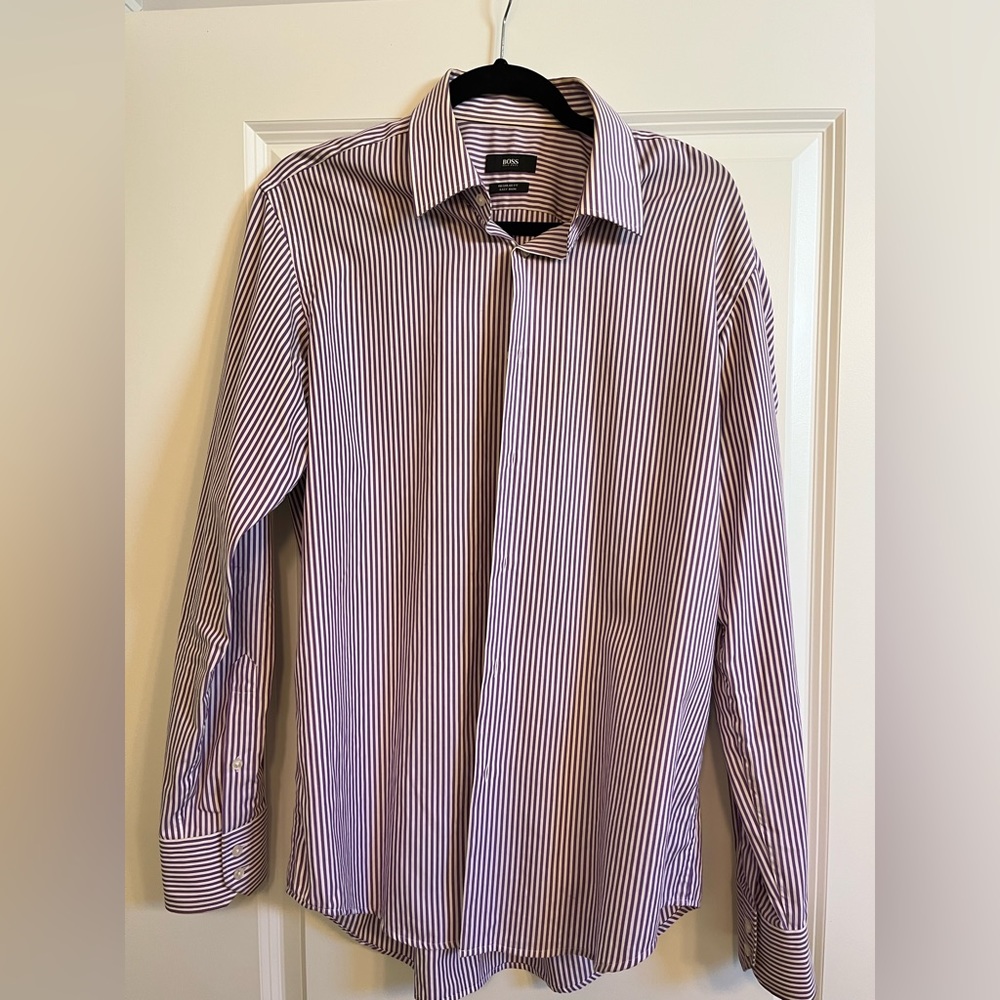 Hugo boss purple and white striped dress shirt